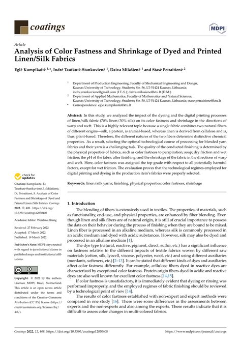 Pdf Analysis Of Color Fastness And Shrinkage Of Dyed And Printed Linen Silk Fabrics