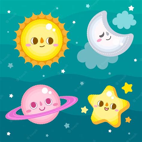 Lindo Conjunto De Dibujos Animados De Estrellas Y Luna De Planetas Vector Premium