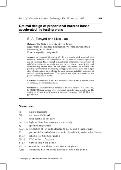 Pdf Optimal Design Of Proportional Hazards Based Accelerated Life Testing Plans Ahmed