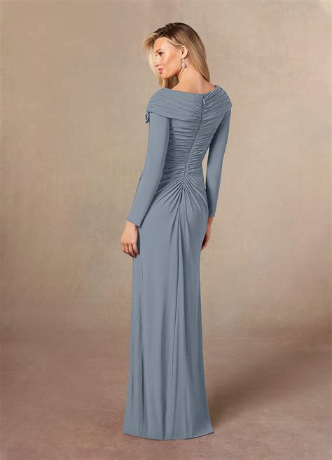 Azazie Tao Dusty Blue Sheath Off The Shoulder Stretch Satin Dress