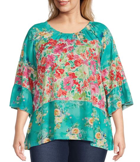 Calessa Plus Size Woven Garden Floral Print Scoop Neck 3 4 Sleeve