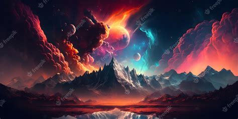 Premium Photo A Colorful Landscape With Mountains And Planets