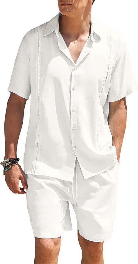 Coofandy Men Piece Linen Set Beach Guayabera Outfit Button Down Shirt