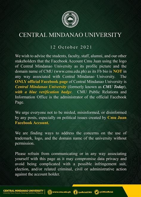 Cmu Official Statement Central Mindanao University