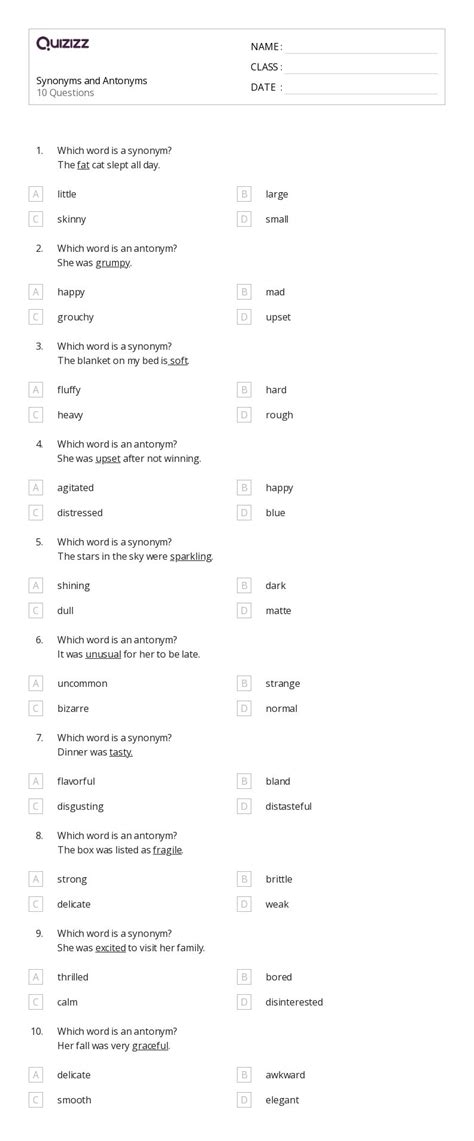50 Synonyms And Antonyms Worksheets For 3rd Grade On Quizizz Free