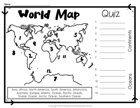 World Map World Map Quiz Test And Map Worksheet 7 Continents And 5