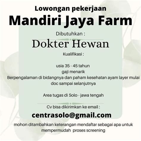 Lowongan Kerja Dokter Hewan Cv Mandiri Jaya Farm Info Loker Solo