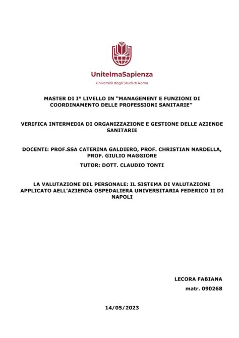 Tesina Federico II MASTER DI I LIVELLO IN MANAGEMENT E FUNZIONI DI