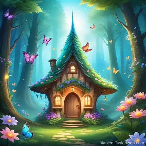 Enchanted Forest Hut With Luminous Flowers And Butterflies Stable