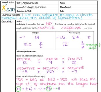 Integer Operations Notes By Mshenry Tpt