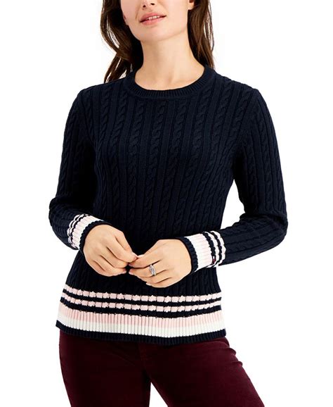 Tommy Hilfiger Cable Knit Striped Hem Sweater Macys