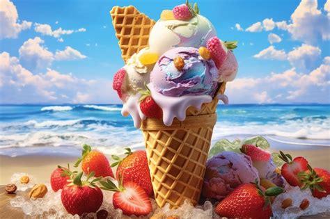 Premium Photo Ice Cream Cone With Fresh Fruit On The Beach Generative Ai