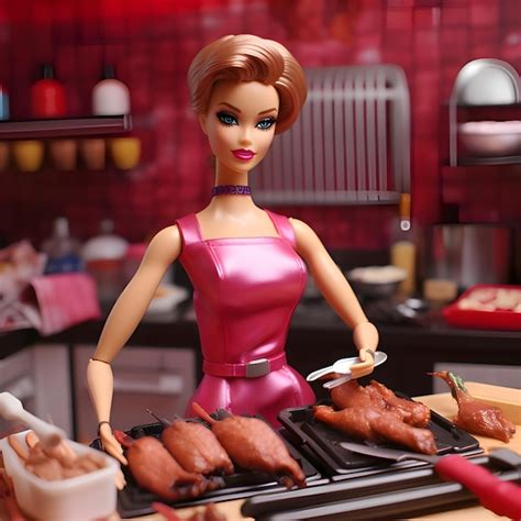Premium AI Image Cute Blonde Barbie Wearing A Pink Clothing In Front Of The Food Table Against