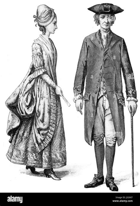 Colonial People Costumes Of A Young Lady And A Businessman Circa 1770