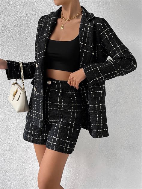 SHEIN Frenchy Plaid Pattern Double Breasted Blazer Shorts SHEIN UK