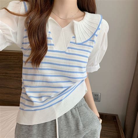 Jual Clothing Kt Korean Knit Top Stripes Collar Knit Baju Rajut