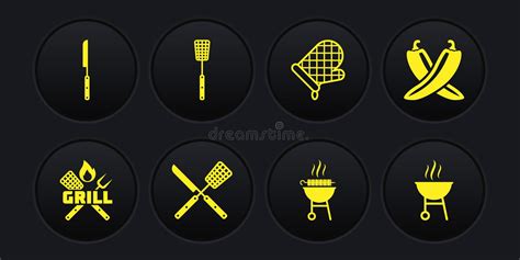 Set Crossed Fork And Spatula Hot Chili Pepper Pod Knife Barbecue Grilled Shish Kebab Oven