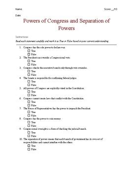 Pop Quiz: Powers of Congress and Separation of Powers | TPT