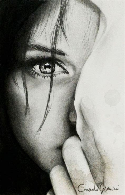 A Pencil Drawing Of A Womans Face With Her Hand On Her Cheek And Eyes Open