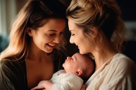 Premium Photo Two Lesbian Mothers With Their Newborn Son