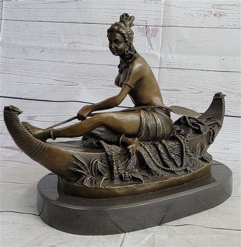 Bloomsbury Market Azaireyah Semi Nude Topless Native American Girl In Canoe Boat Bronze Statue