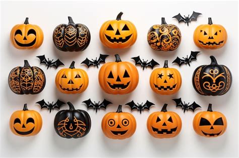 Calabazas De Halloween Con Caras De Miedo En La Vista Superior De Fondo