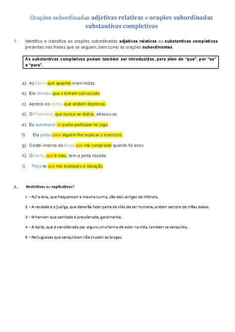 Exercicios Orações Subordinadas Adjetivas Com Gabarito