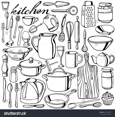 Hand Drawn Kitchen Tools Collection Stock Vector 187568990 Shutterstock