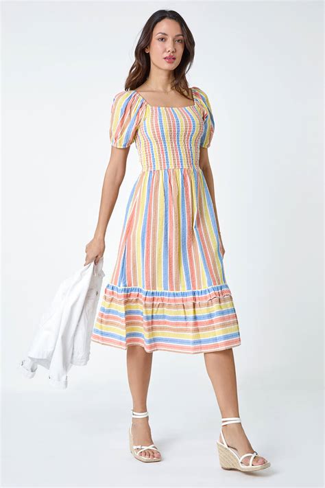 Yellow Stripe Shirred Puff Sleeve Cotton Dress Roman Uk