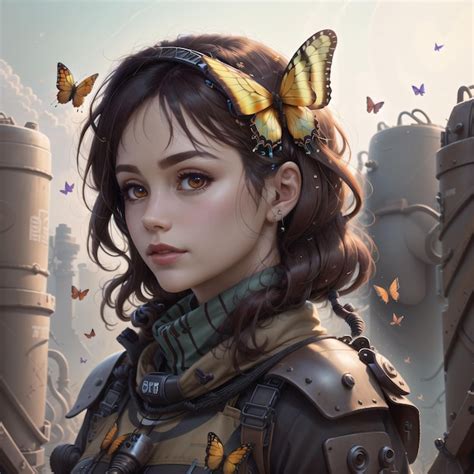 Premium Ai Image A Woman With Butterflies On Her Head And A Tank In