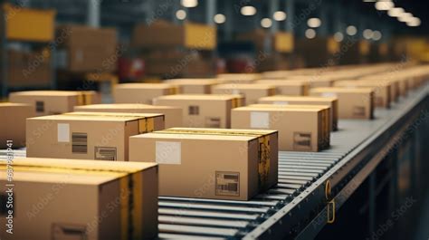 Multiple Cardboard Box Packages Seamlessly Moving Along A Conveyor Belt