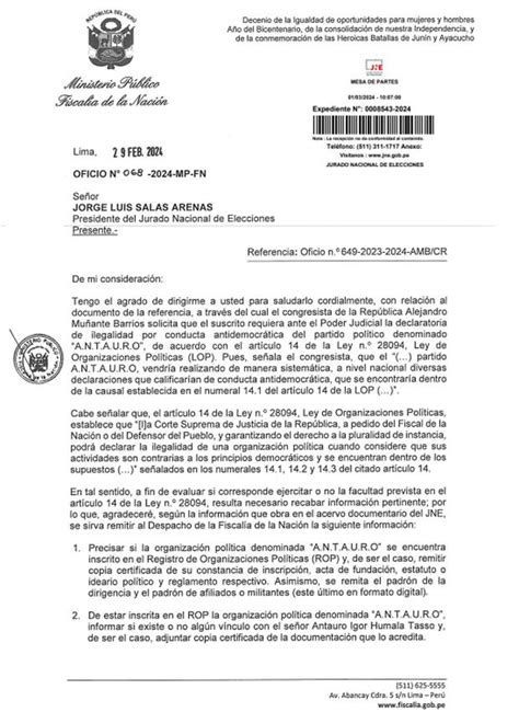 Fiscal de la Nación solicita al JNE información sobre el partido de