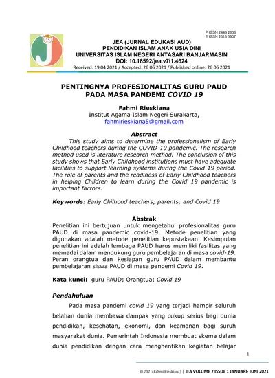 Pentingnya Profesionalitas Guru Paud Pada Masa Pandemi Covid