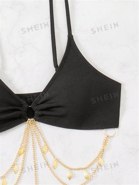 SHEIN Swim Women S Solid Color Circular Ring Connected Sexy Bikini Set