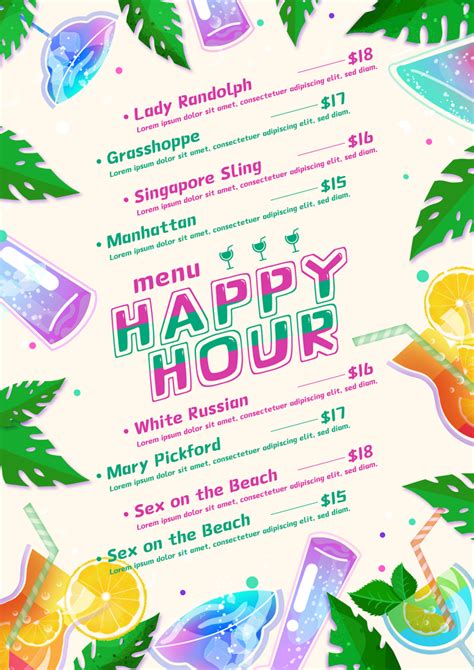 Menu Template Templates Restaurant Drinks White Drinks Happy  Happy Hour Drinks Sex On