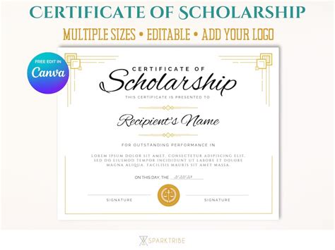 Scholarship Certificate Template School Award Editable And Etsy