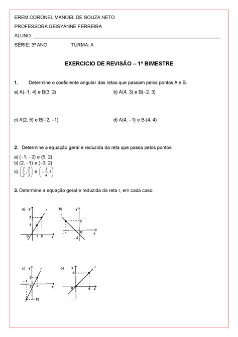 EquaÇÃo Geral E Reduzida Da Reta Exercícios Matemática Docsity