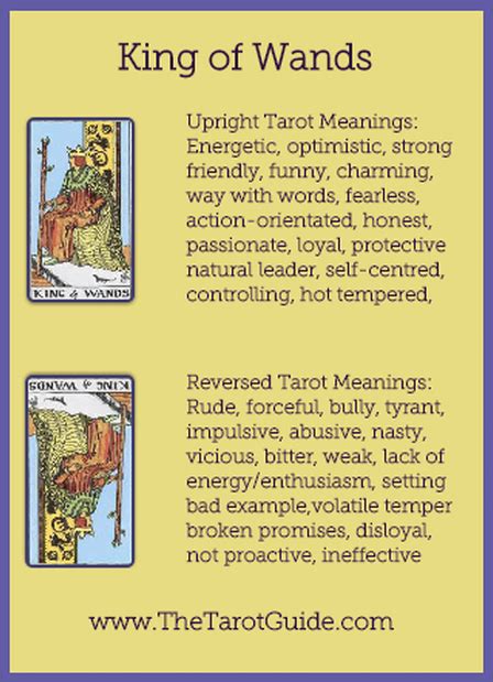 King Of Wands Tarot Flashcard Showing The Best Keyword Meanings For The