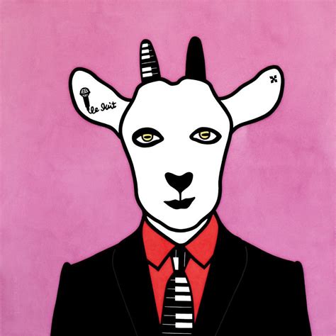 a goat wearing a suit and tie with writing on it's forehead, in front ...