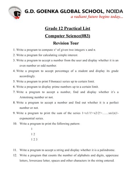 Grade 12 Practicals Grade 12 Practical List Computer Science 083