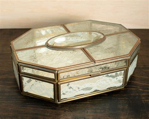 Glass And Brass Jewelry Box Glass Box With Mirrored Base And Metal Frame Dresser Box Glass