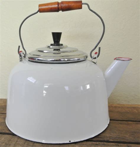 Vintage White Enamel Tea Kettle White Kettle With Red Trim Etsy Tea