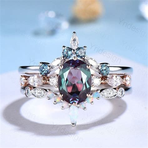 Unique Alexandrite Engagement Ring Set Vintage Rose Gold Wedding Set