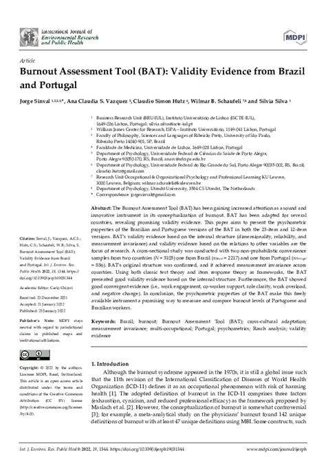 Pdf Burnout Assessment Tool Bat Validity Evidence From Brazil And Portugal