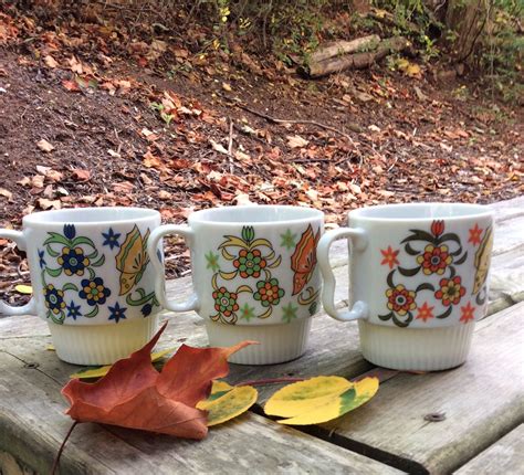 Vintage Stacking Mugs Butterfly Mugs Floral Retro Stacking Mugs