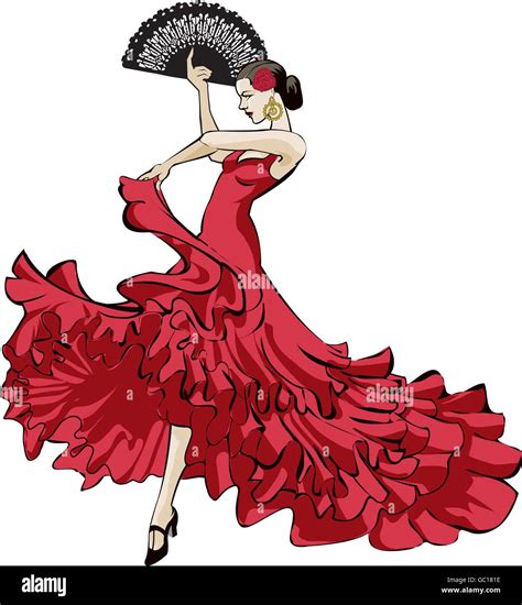 Original Vector Illustration Of A Spanish Flamenco Dancer In Long Red