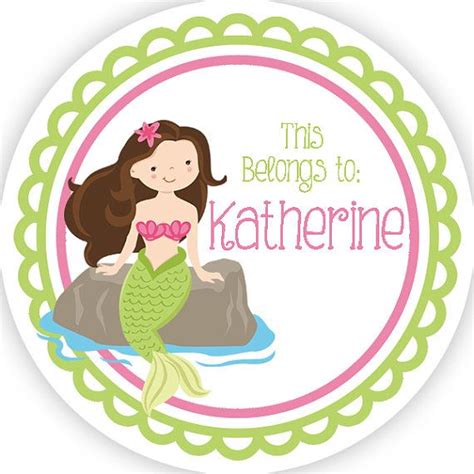 Personalized Name Tag Stickers Lime Green And Pink Ocean Girl Mermaid