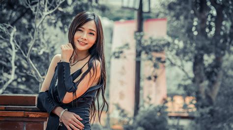 Asian Brunette Depth Of Field Girl Long Hair Model Smile Woman