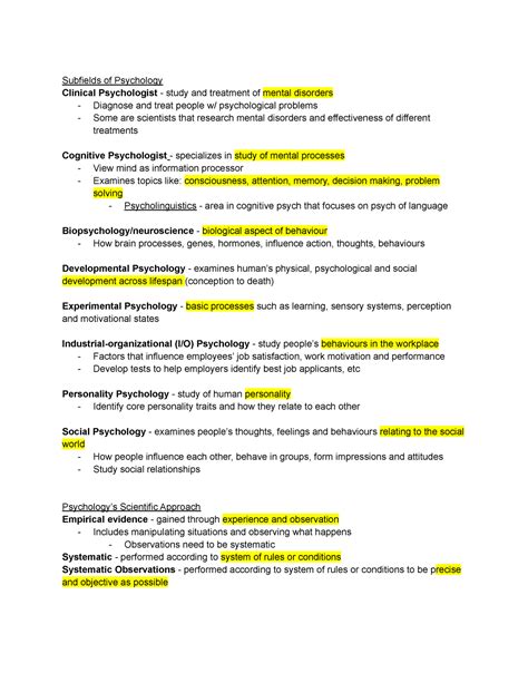 Psych Midterm Notes Textbook Subfields Of Psychology Clinical