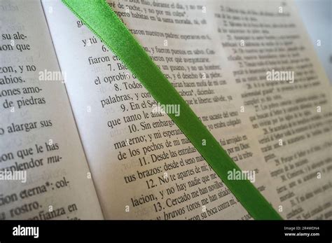 Open Bible At The Book Of Psalms Green Bound Bookmark Over The Page